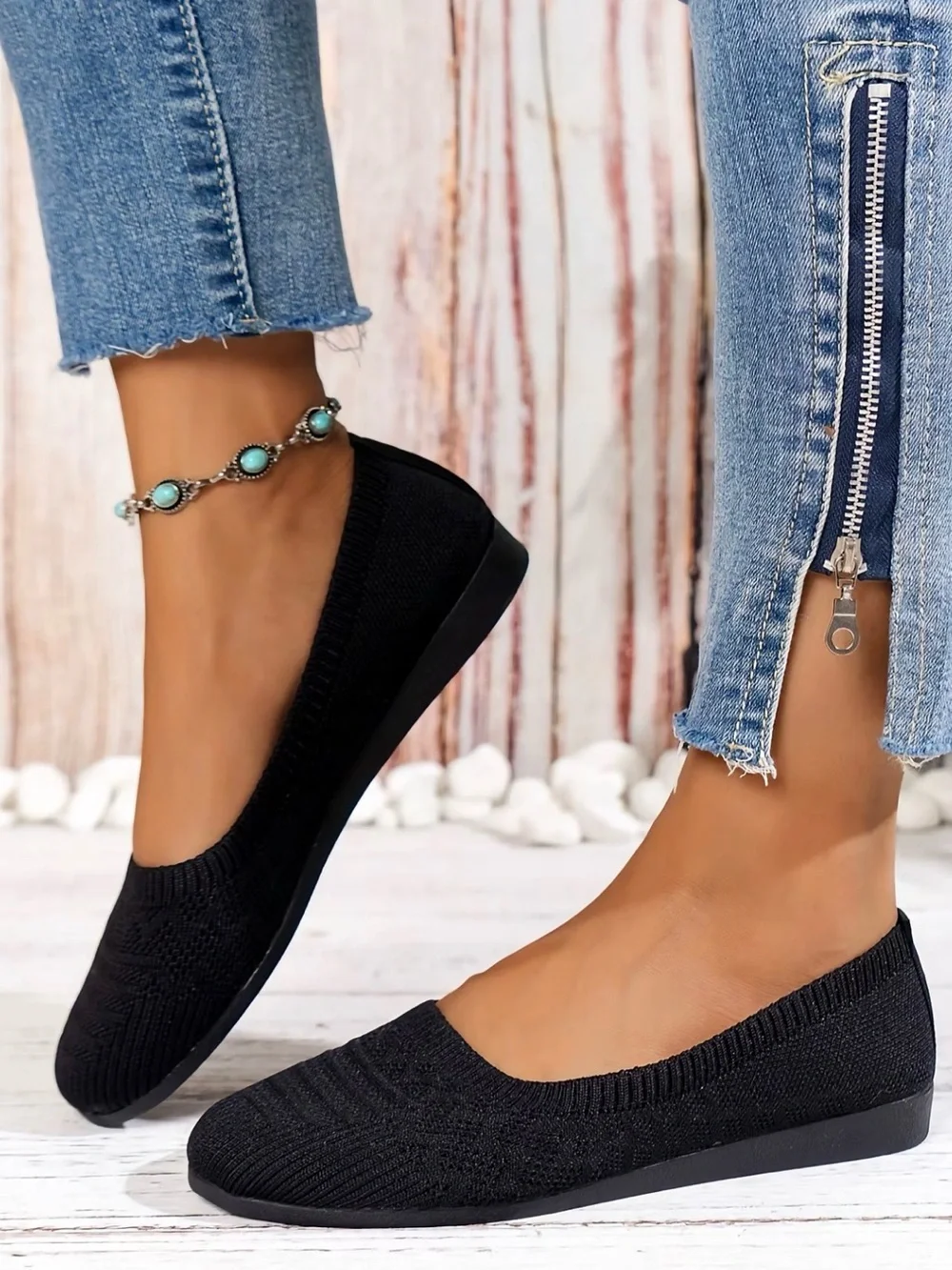 Brand new round toe black knit shoes, PU leather sole, size 8